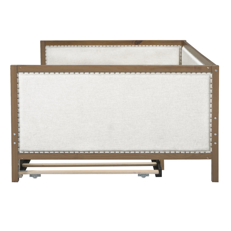  Full Size Upholstered Daybed with Trundle and Nailhead Trim, Beige