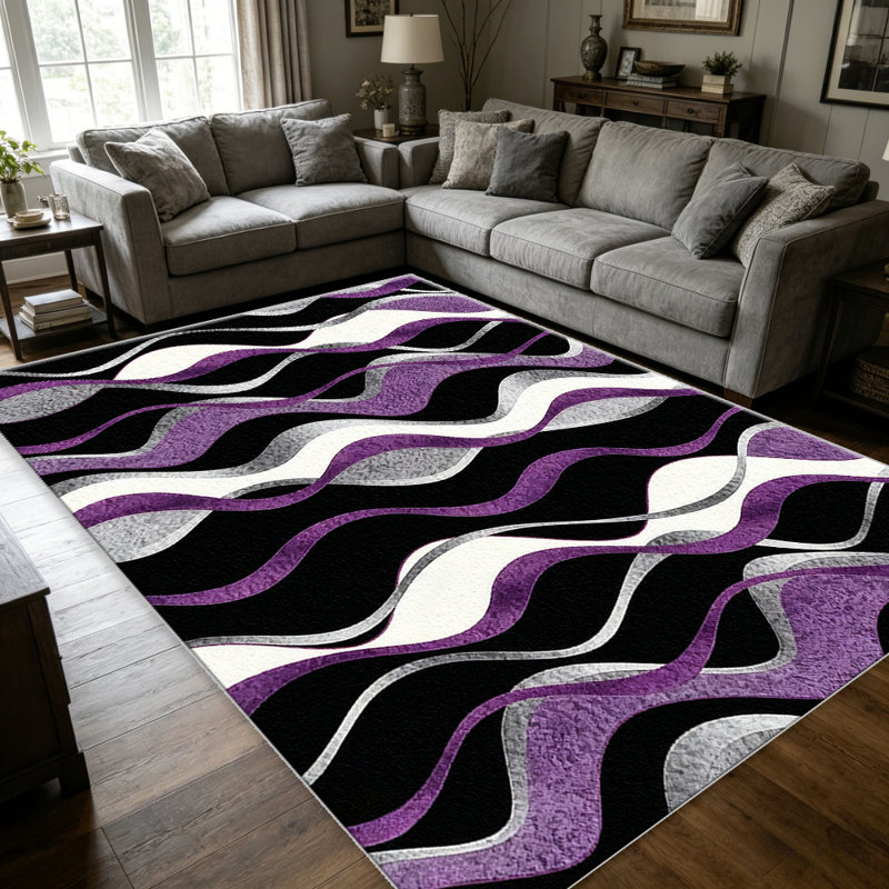 Purple Black Wavy Stripe carpet-easy to clean, machine-washable, soft and comfortable; suitable for door mats, kitchens, living rooms, bedrooms, corridors, and laundry areas. Easy to clean, durable carpet for home decoration.