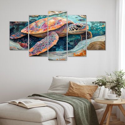 Aquarium Turtle Coral Sanctuary V - Turtle Animal Wall Art - Modern Wall Art For Living Room 5 Piece