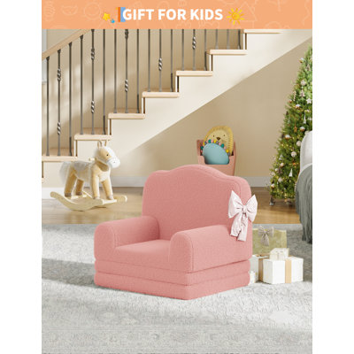 2-in-1 Convertible Kids Sofa Couch – Soft Sherpa, Lightweight Fold Out Chair – Washable Cover – Toddler Lounger for Playroom, Nursery – Crown Design – Pink