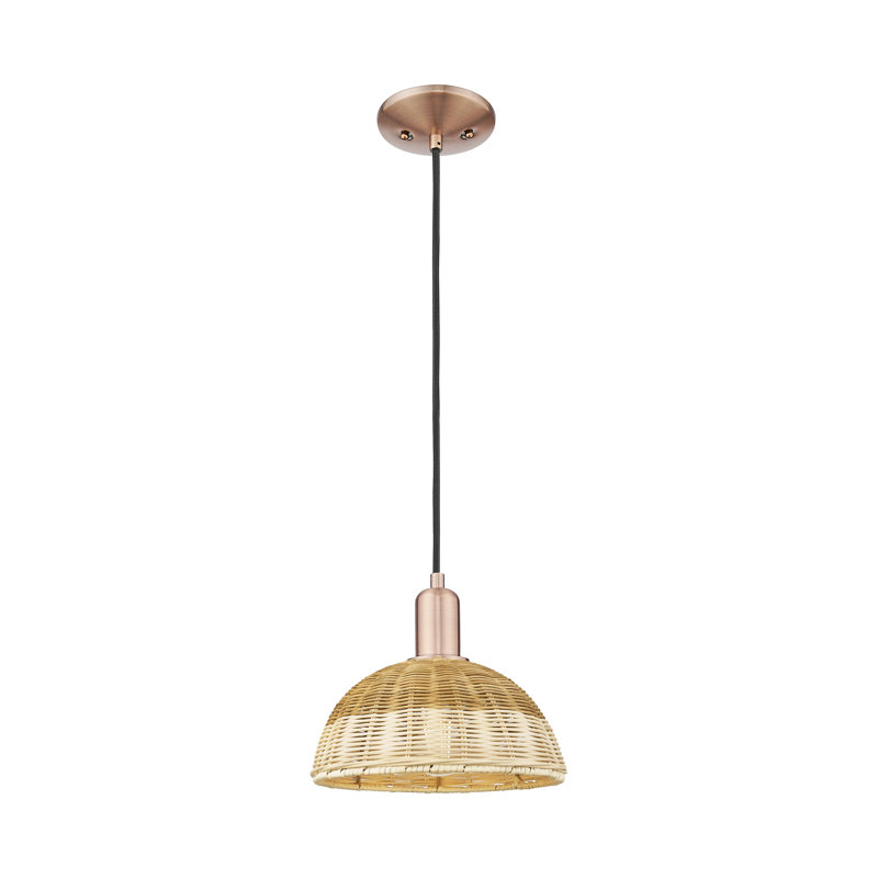 Mini luminaire suspendu à cordon 1 lumière avec abat-jour natté Natural Ballston Dome, Cuivre antique
