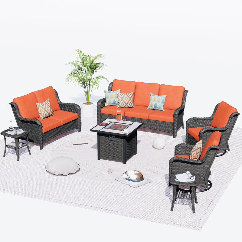 Ensemble de conversation d'extérieur pour 7 personnes avec coussins, Brun, Orange