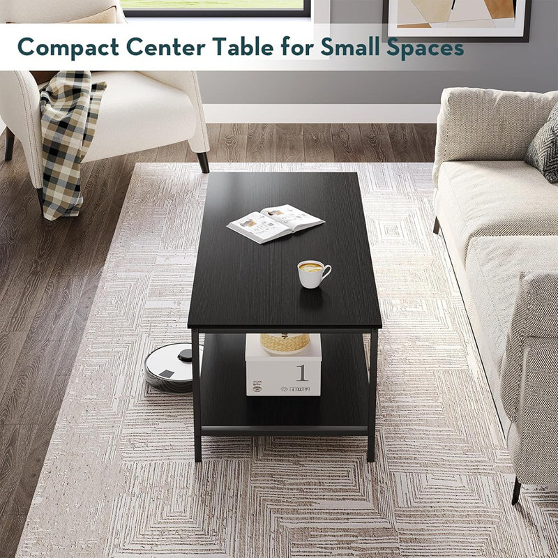  Table basse noire pour salon Tables basses rectangulaires modernes à 2 niveaux avec rangement Centre industriel en bois pour petits ou grands espaces