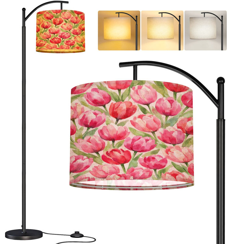  Arc Floor Lamp Pink Tulip Floral Soft Watercolor Style Green Leaves Tall Modern Standing Lamp LED Adjustable Linen Lampshade 3 Color Temperatures