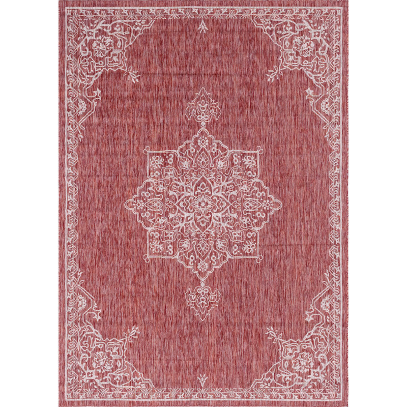 Tapis intérieur / extérieur rouge / blanc Cowger, Rectangle 8 pi x 11 pi 4 po