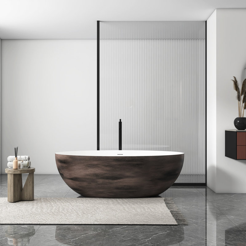 Baignoire de trempage à surface solide 67 po, autoportante, forme ovale, blanc + noyer