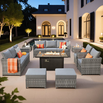 10-person Mostly No Assembly Required Outdoor Sectional With Cushions And Fire Pit,all-weather Wicker Patio Set