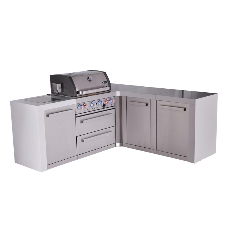 Îlot de cuisine d'extérieur en forme de L en acier inoxydable de 82 po x P 75 po x H 46 po Mont Alpi Deluxe avec brûleur latéral et barbecue à 4 brûleurs l 32 po + comptoirs en granite et côtés cascade + rangement + rôtissoire + couvercle + gaz naturel Convertible + garantie à vie