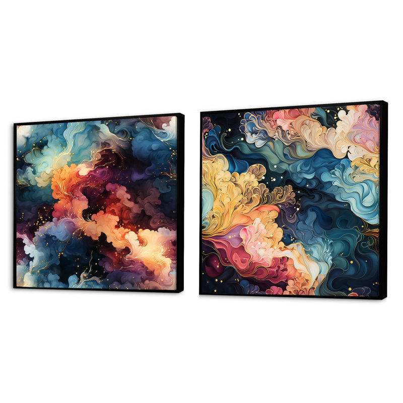 Cynthea - Ensemble de 2 collages abstraits carrés, Cadre flottant noir, H 36 po x l 73 po
