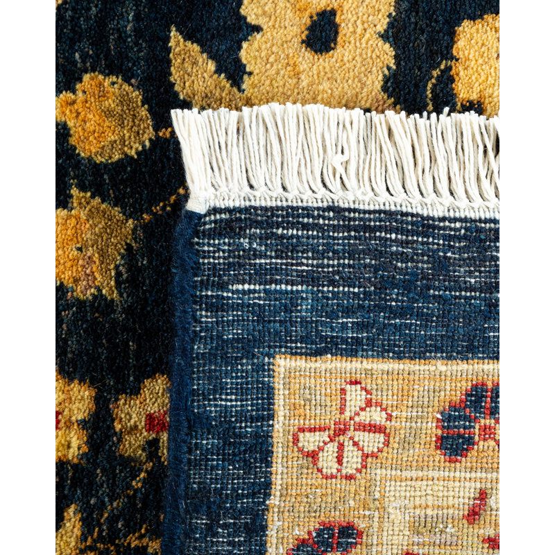 Tapis unique noué à la main bleu marine / orange Keenan, 9 pi 1 po x 11 pi 6 po