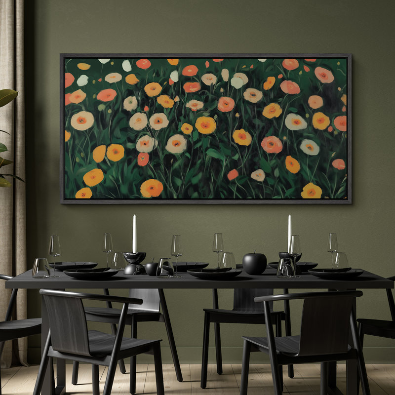 Fleurs sur fond de fleurs - Impression sur toile encadrée surdimensionnée, H 30 po x l 60 po, Noir, noir, noir, noir