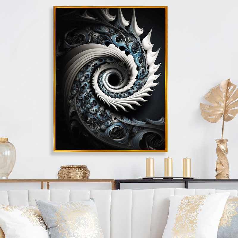 «Blue and White», art liquide sur toile, L 24 po x H 32 po, Toile à cadre flottant doré
