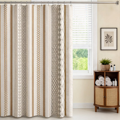 Boho Linen Shower Curtain With Striped Print And Woven Center (Navy)