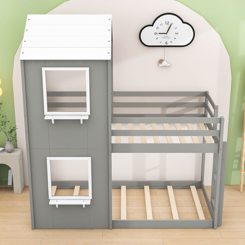 Lit superposé simple en bois en forme de maison avec toit incliné et fenêtre, Grey