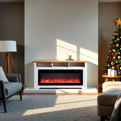 Meuble télé 60 po pour téléviseur de 70 po ou moins avec foyer électrique intelligent de 50 po, blanc