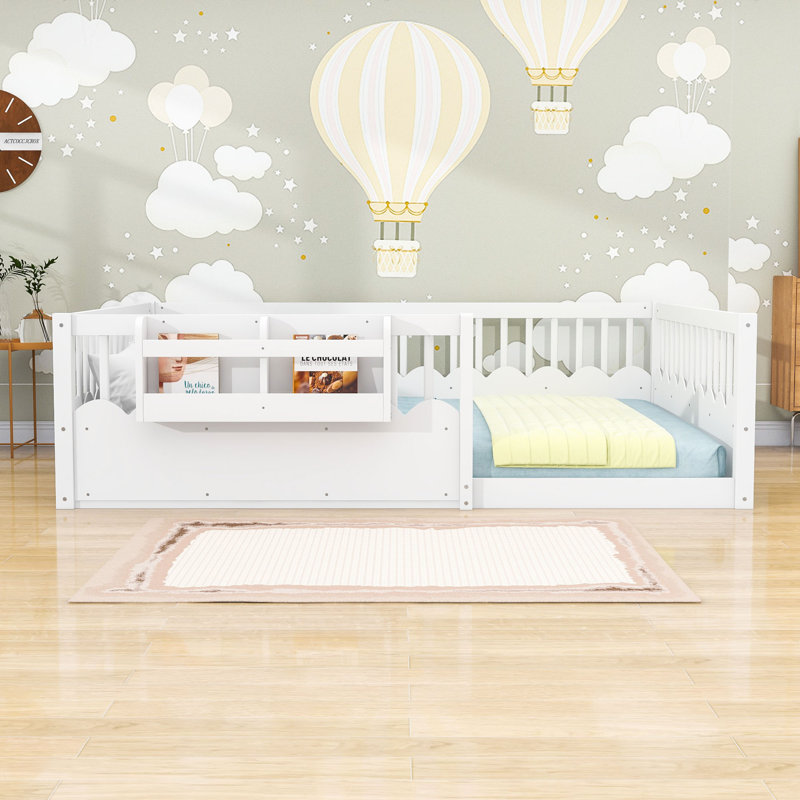Lit en bois avec clôture et bibliothèque, Queen, White