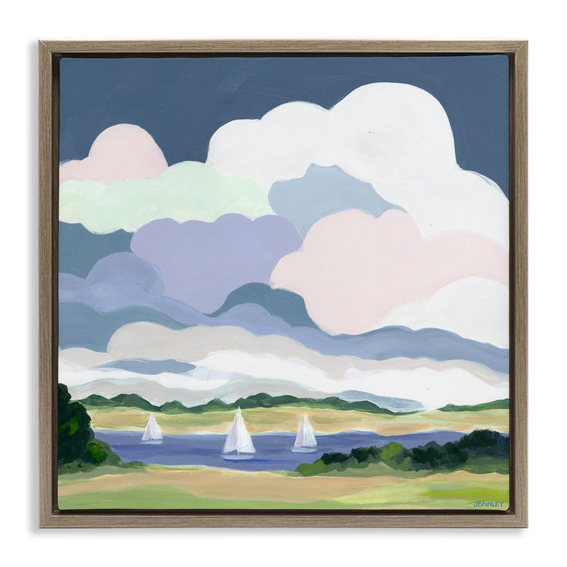 Lac, voiliers avec nuages, art mural encadré par Jennifer Brinley, H 25 po x l 25 po, Cadre flottant métallique doré