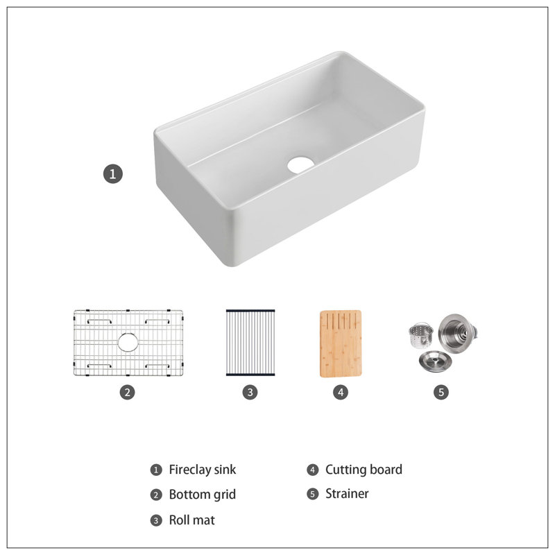 Évier de cuisine de ferme en argile réfractaire L 33 po x l 20 po avec accessoires Fireclay