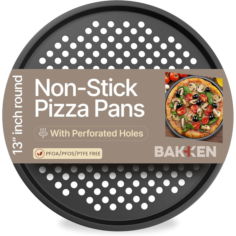 Ensemble de 1 casseroles à pizza Bakken - Acier au carbone perforé rond avec revêtement antiadhésif en marbre, poignée en silicone gris, durable et facile à nettoyer