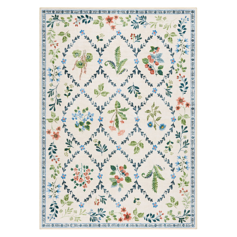 Tapis lavable à la machine à motif treillis floral EVERWASH Haven avec technologie AirFlo, ivoire, 6 pi x 9 pi, Ivoire ivoire