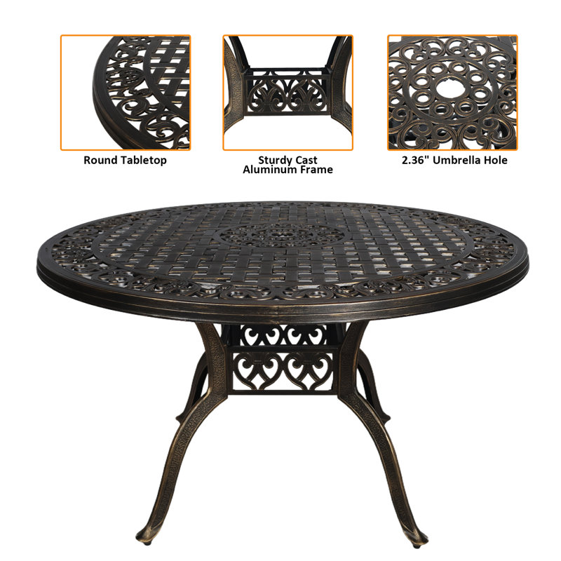Table de salle à manger 48 po, table de salle à manger d'extérieur en fonte d'aluminium, table de conversation ronde avec trou pour parasol 2,36 po