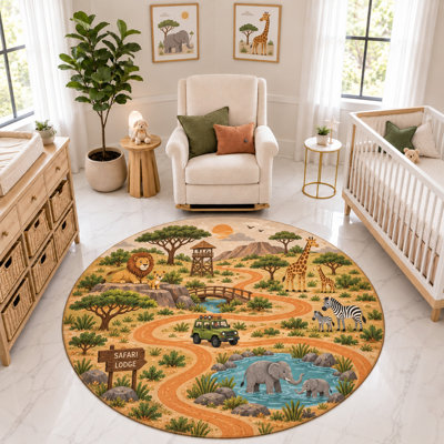 Tapis rond « Ultra Fin » 183 x 183 cm (6 pi x 6 pi) à motif animaux de safari africain, tapis d'intérieur doux à poils courts avec envers antidérapant en silicone pour chambre d'enfant, chambre de bébé, salle de jeux et animaux de compagnie