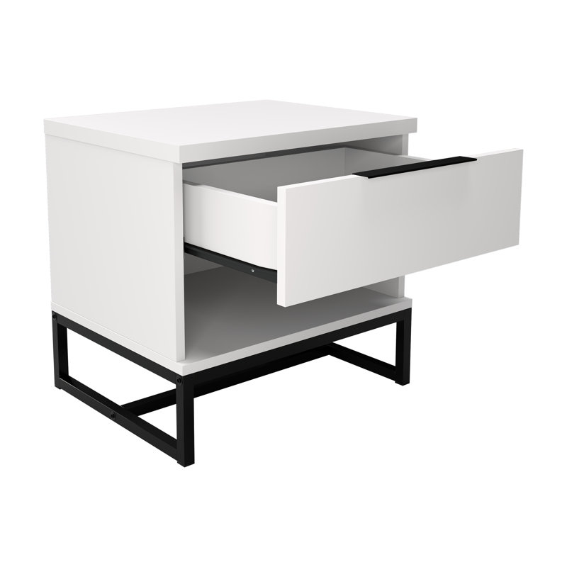 White Spruce Modern Nightstand with Drawer and Open Shelf