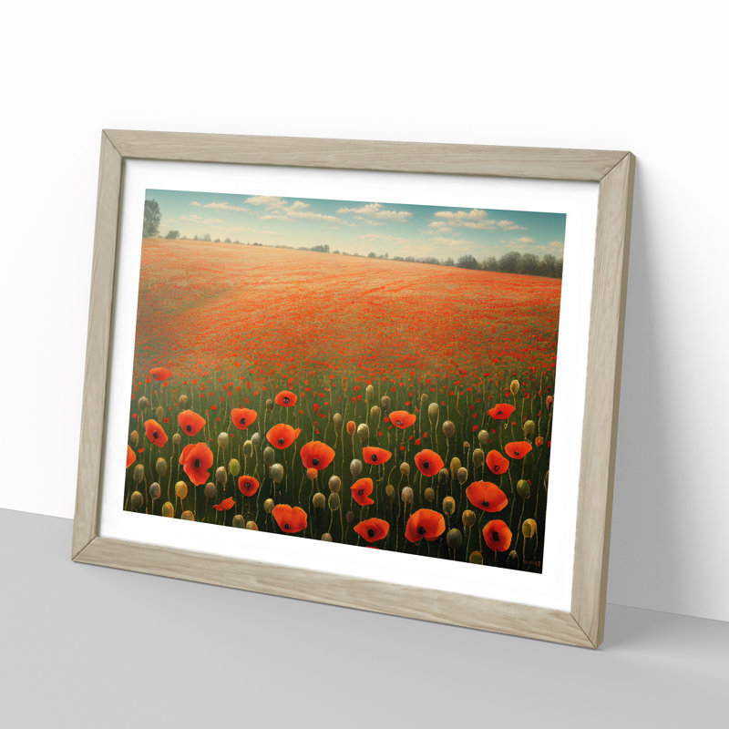 Iconic Poppy Field Flowers 1 Piece Single Picture Frame Painting, 34cm H x 46cm W x 2cm D, Oak