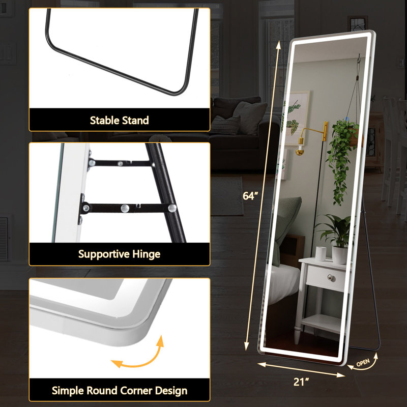 3 Color Lighting Mirror With LED Lights, 64"X21" Lighted Floor Standing Mirror With Stand