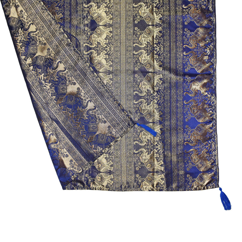 Nappe en soie imprimé thaïlandais Golden Elephant, Bleu