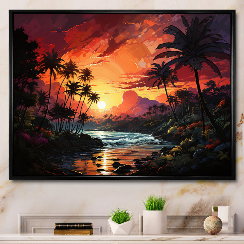 Palmiers sur un coucher de soleil coloré sur toile, H 16 po x l 32 po x P 1 po, Cadre flottant noir