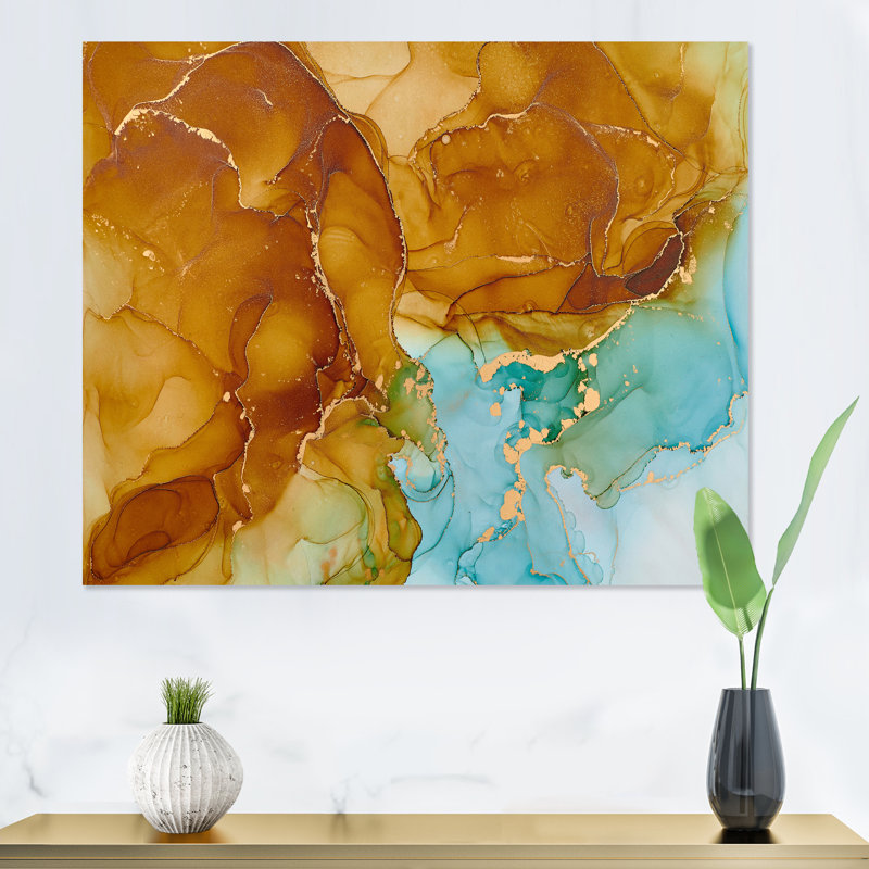 «Brown and Blue Luxury Abstract Fluid V», peinture sur toile, H 12 po x l 20 po x P 1 po, Toile tendue