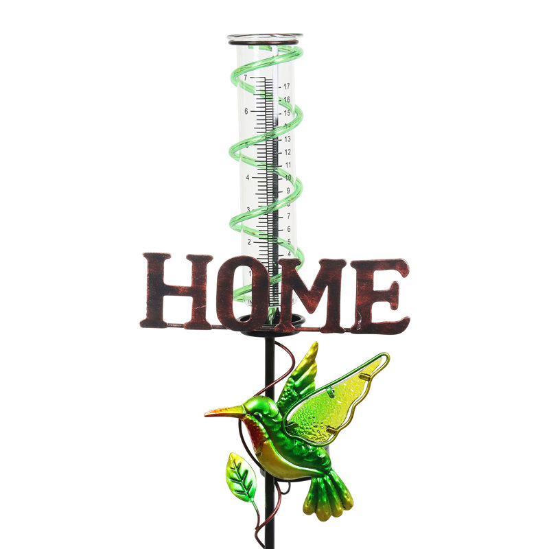 Green Metal Solar Hummingbird Rain Gauge Garden Stake