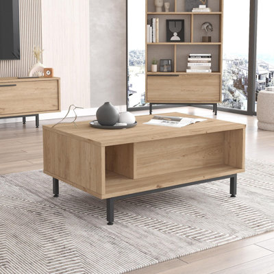 Table basse moderne en noyer avec pieds en métal, 35,4 x 14,8 x 23,4 pouces | 100% panneau de particules enduit de mélamine, épaisseur: 0,7 pouce | Design industriel élégant, parfait pour le salon et les espaces contemporains