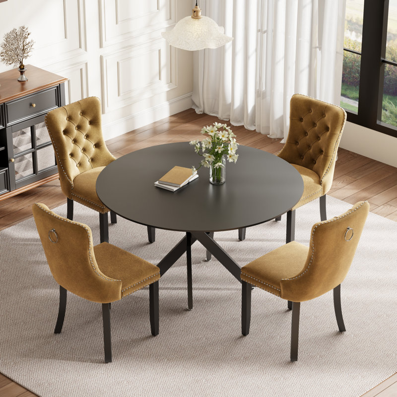 Round Wood Dining Set with Tufted Dining Chair, Brown, Yellow