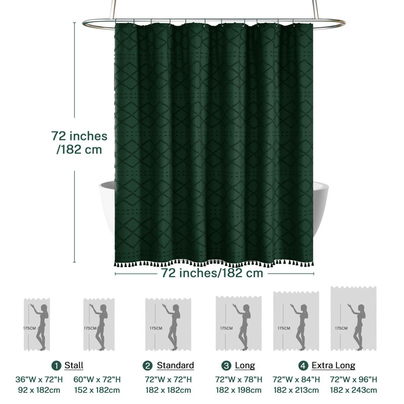 Rideau de douche Boho, tissu texturé à chevrons touffetés rayés, Vert foncé