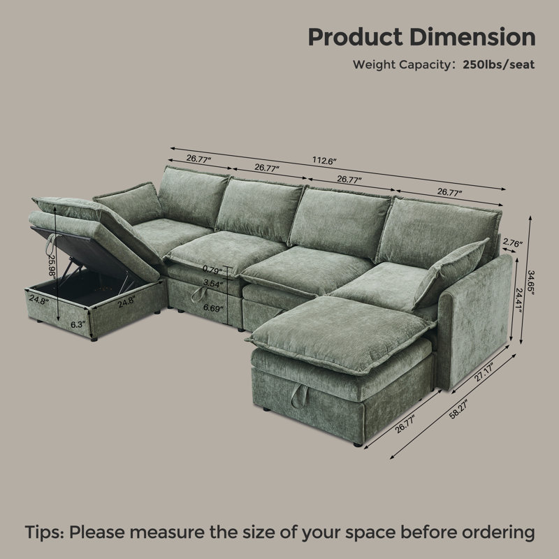 112.6" Modern Modular Sofa with Large Storage Space, Chenille Fabric U-Shaped Modular Sofa with Ottoman, Featuring Deep Seat Cushions and Throw Pillows