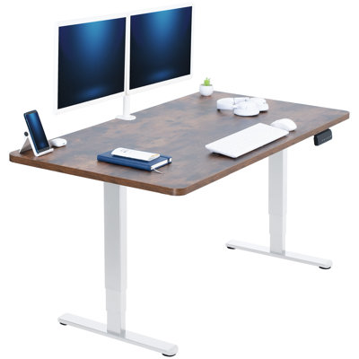 Bureau debout électrique de 55 po x 28 po VIVO, plateau de table brun rétro, cadre blanc