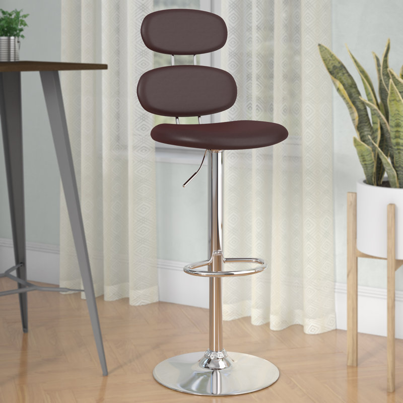 Contemporary Vinyl Adjustable Height Barstool with Ellipse Back and Chrome Base, Brown