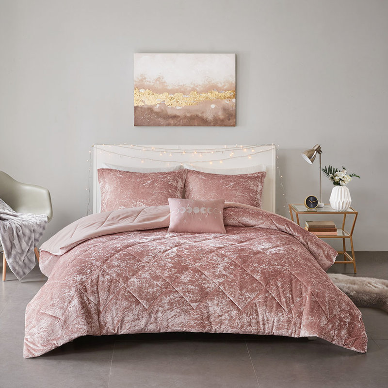 Très grand / très grand lit en velours rosé, envers en microfibre, avec édredon 4 coussins, diamant, coussin vapeur