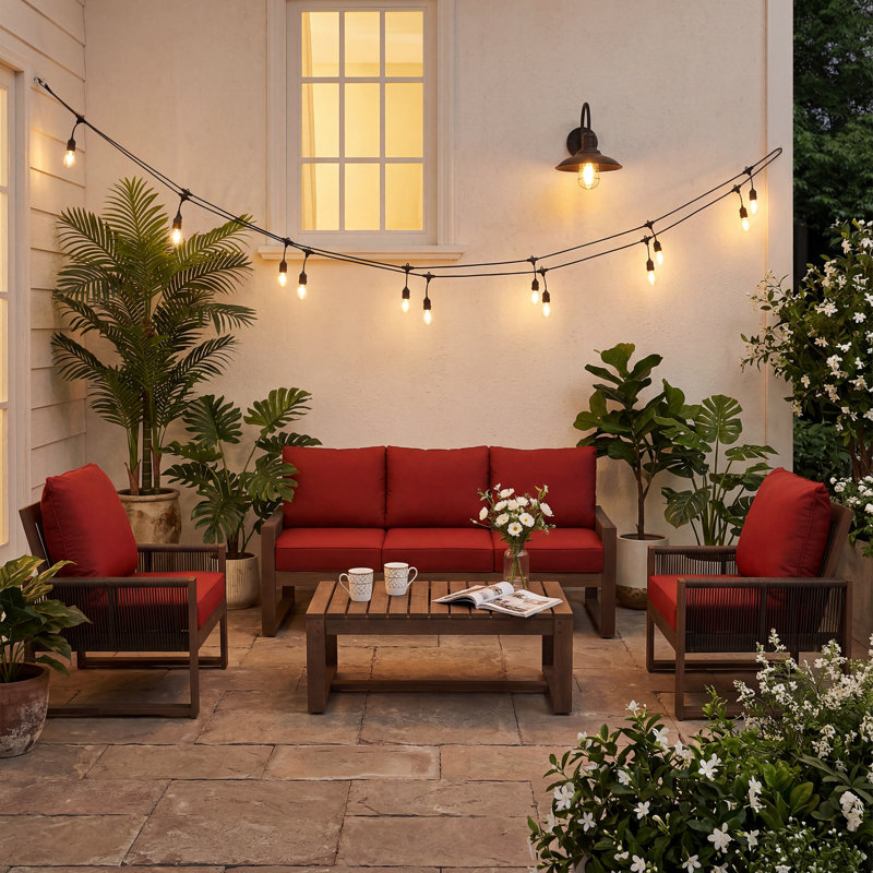 4-Piece 5-Person Solid Wood Outdoor Conversation Set , Red