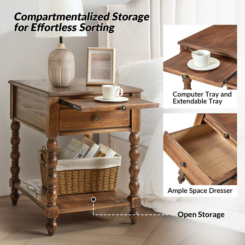 Lashena 26" Solid Wood End Table with Charging Outlets