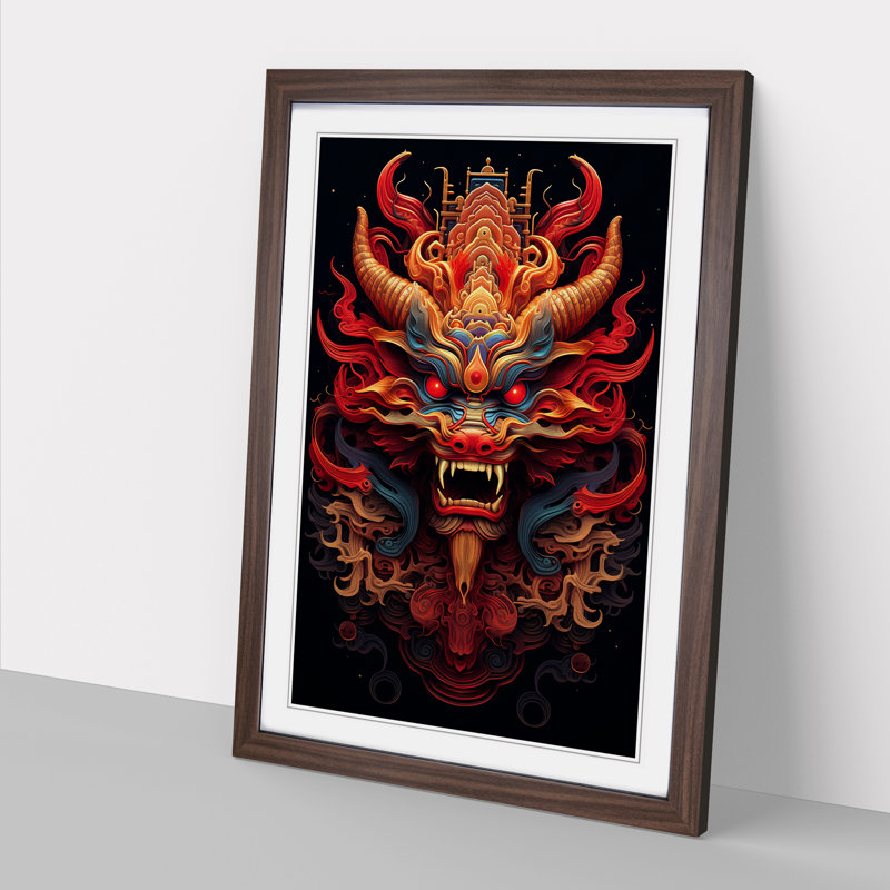 Chinese Dragon Geometric No.3 - Single Picture Frame Print on Wood, 34cm H x 25cm W x 2cm D, Walnut