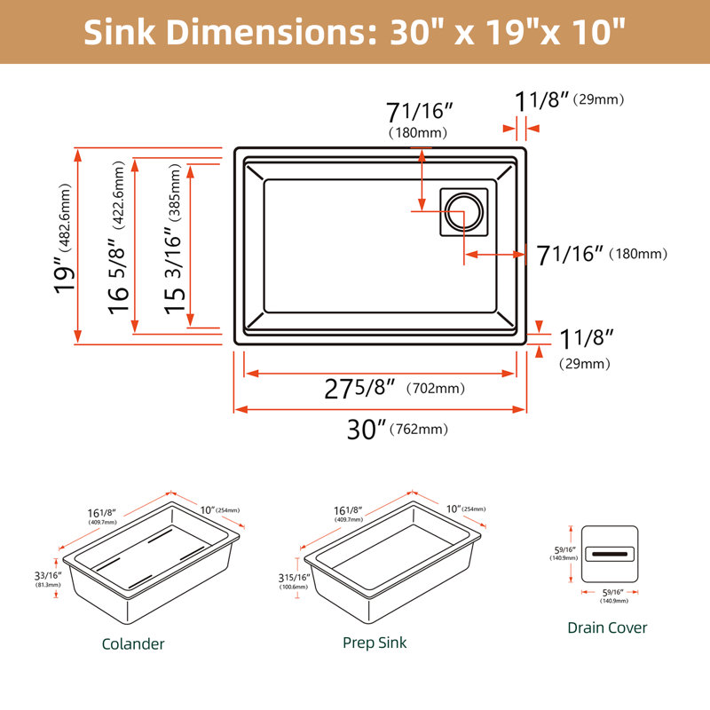 30" X 19" White Undermount Kitchen Sink Workstation Rectangular Topmount Sink Granite Composite Dual Mount Single Bowl Basin Farmhouse Deep Sink with Prep Sink Colander&Accessories