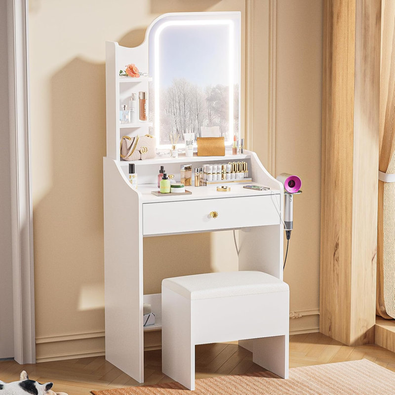 Table de coiffeuse - Miroir à DEL, ensemble de coiffeuse de maquillage - station de charge, banc de rangement, étagères