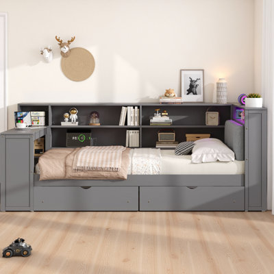 Full Size Multi-Functional Platform Bed - Upholstered Bed with Storage Shelves, Drawers, Charging Station, LED Headboard & Built-in Desk (550 lb Capacity)