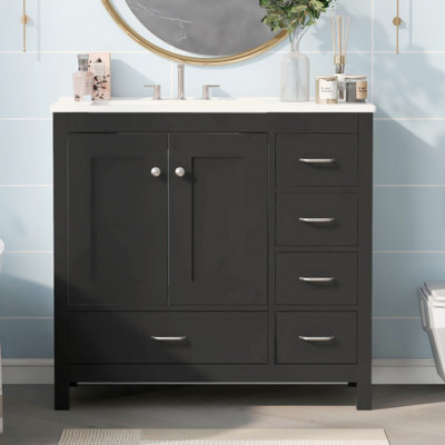Meuble-lavabo noir 36 po avec lavabo en céramique, armoire de rangement abondante, 2 portes à fermeture douce et 5 tiroirs