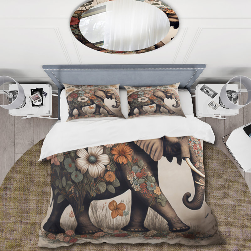 Ensemble de housse de couette en éléphant rétro entouré de fleurs II, Housse de couette pour grand lit et 2 taies décor