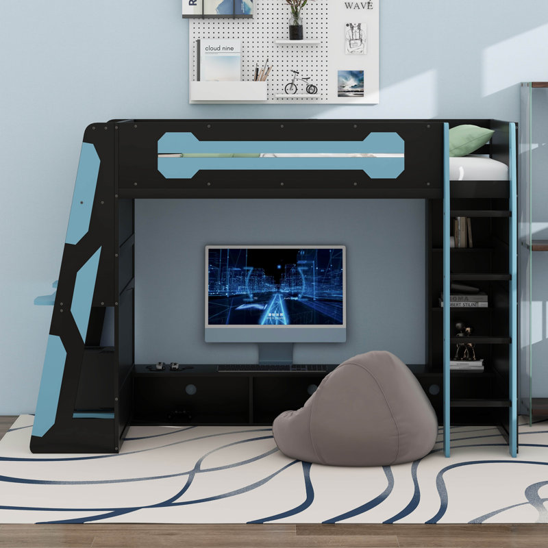 Lit mezzanine simple en bois avec bureau, tablettes multiples et lumière RVB, Bleu nuage