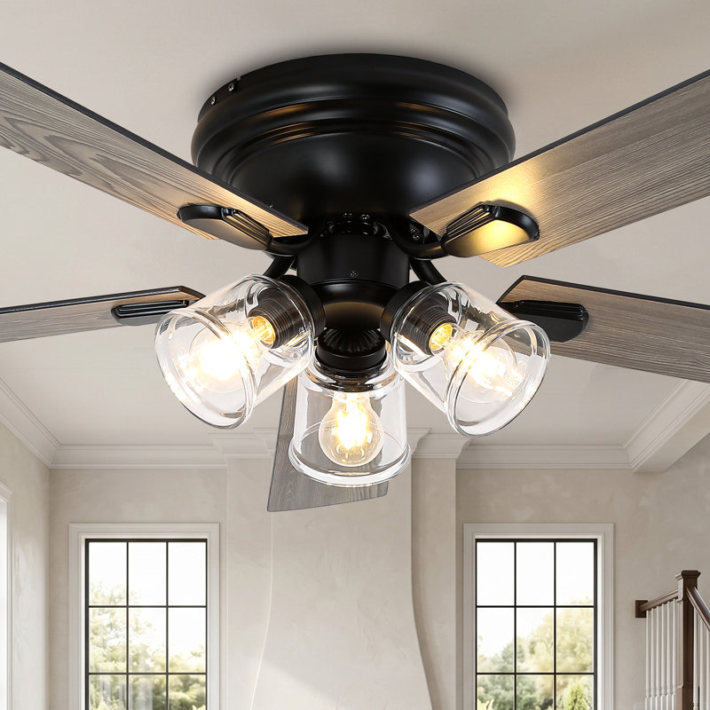 52'' Farmhouse Flush Mount Ceiling Fan With Lights And Remote Control, Vintage Reversible DC Motor Ceiling Fan For Living Room